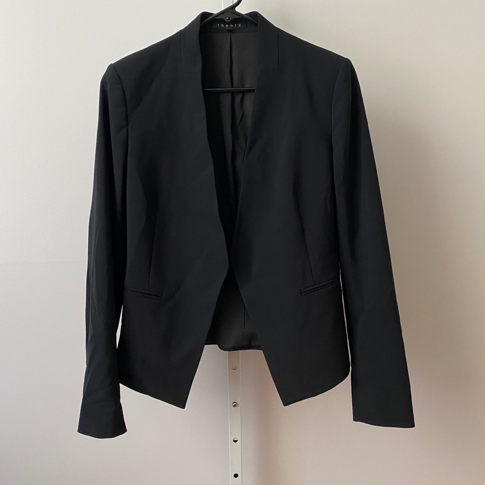Theory 6 Black Blazer Open Front Virgin Wool Blend Collarless‎ Professional Coat